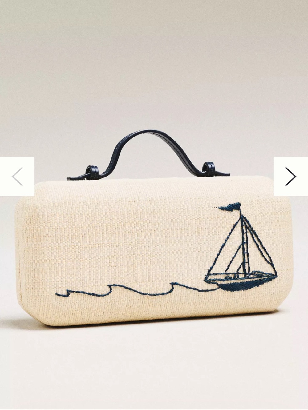 Cream Embroidered Sailboat Clutch with Black Top Handle